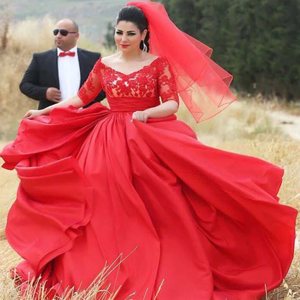 Romantic Red Wedding Dresses Plus Size Half Sleeves Bridal Dress V ...