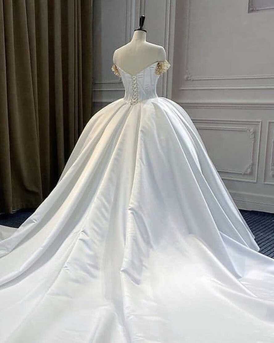 Romantic Satin Corset Wedding Dresses Off The Shoulder Ball Gown ...