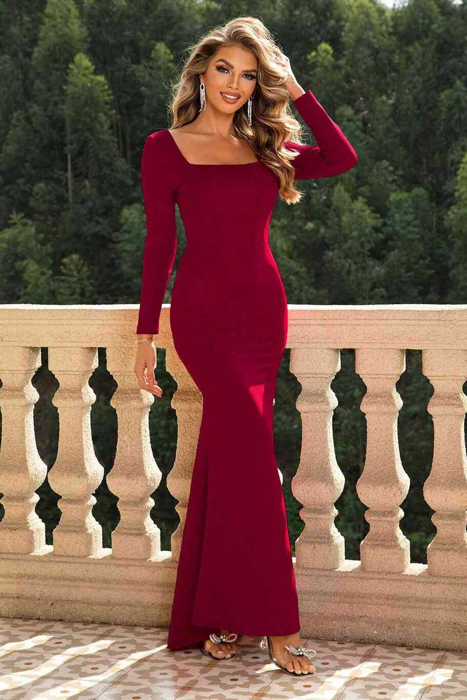 Rosalina Square Neck Long Sleeve Evening Gown in Burgundy or Black ...