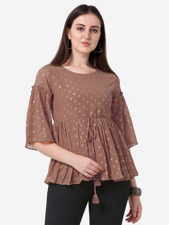 Rose Coloured Designer Round Neck Georgette Short Top!! – Royskart