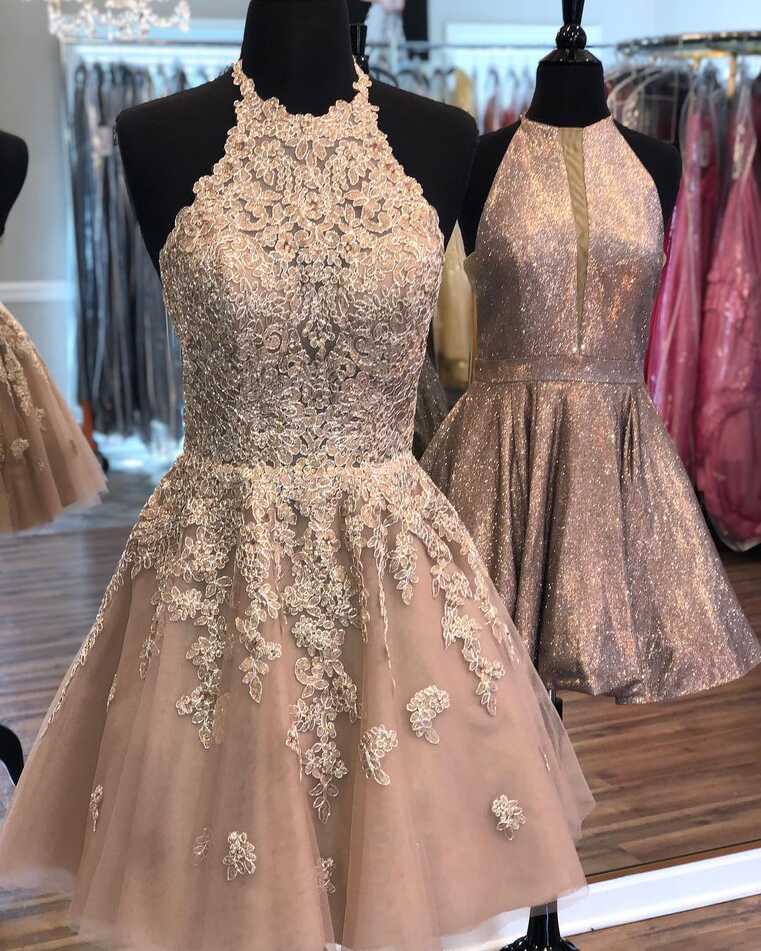 Rose Gold Halter Short Party Dress For Party Semi Formal Occasion ...