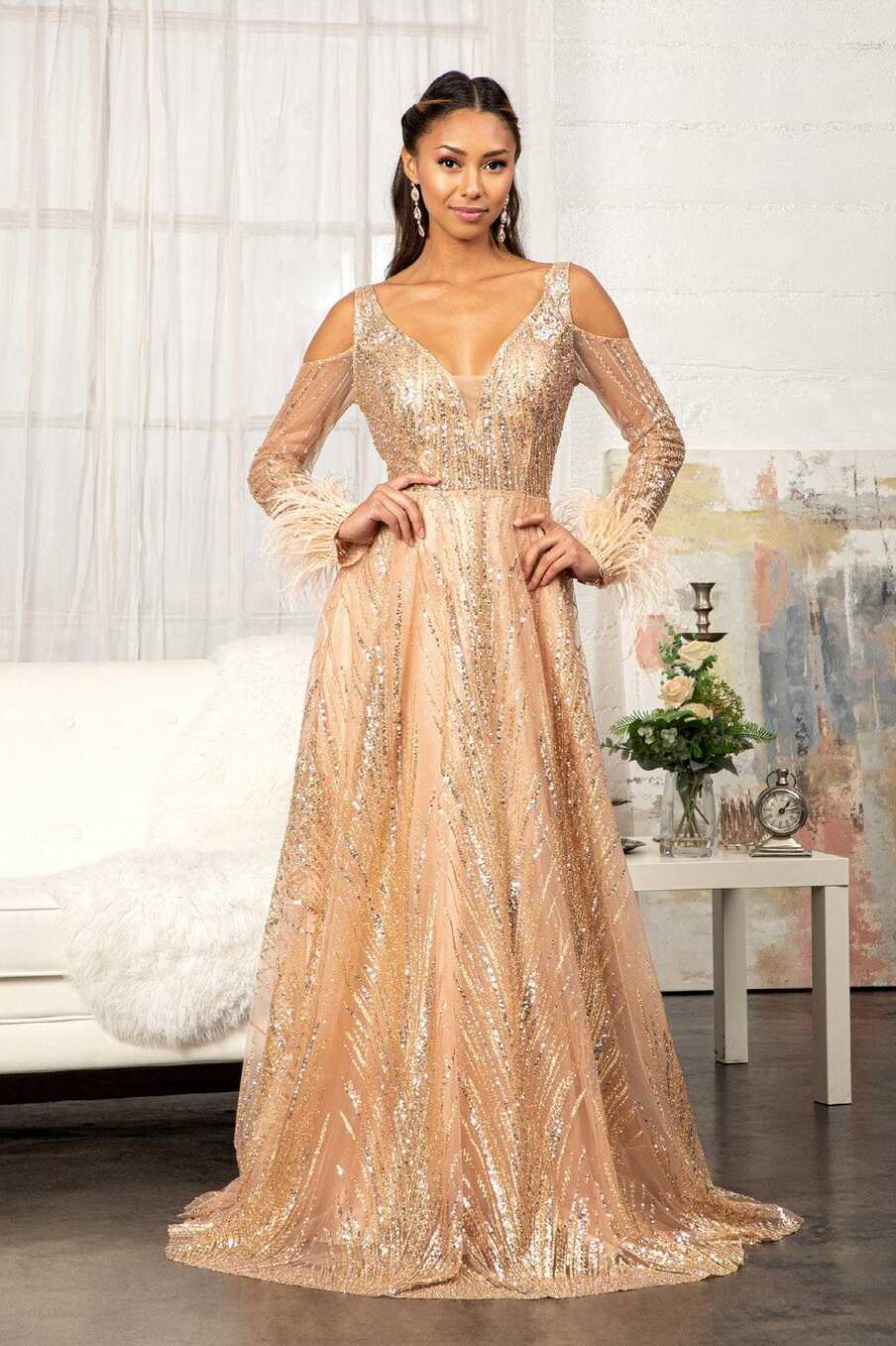 Rose Gold Long Sleeves Glitter A-line Long Prom Dress for $319.99 ...