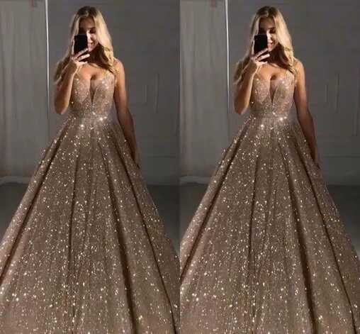 Rose Gold Princess Gold Sparkly Prom Dress With Deep V Neck And ...