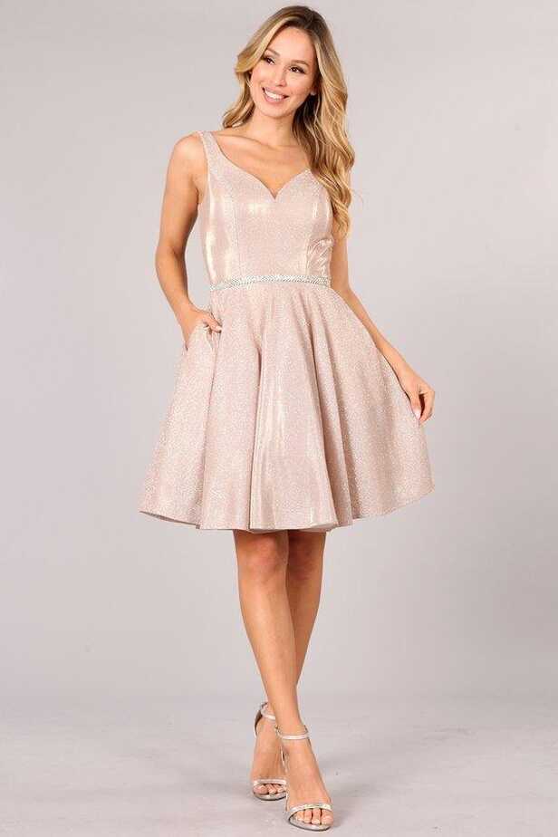 Rose Gold Prom Short Sleeveless Metallic Glitter Dress for $110.99 ...