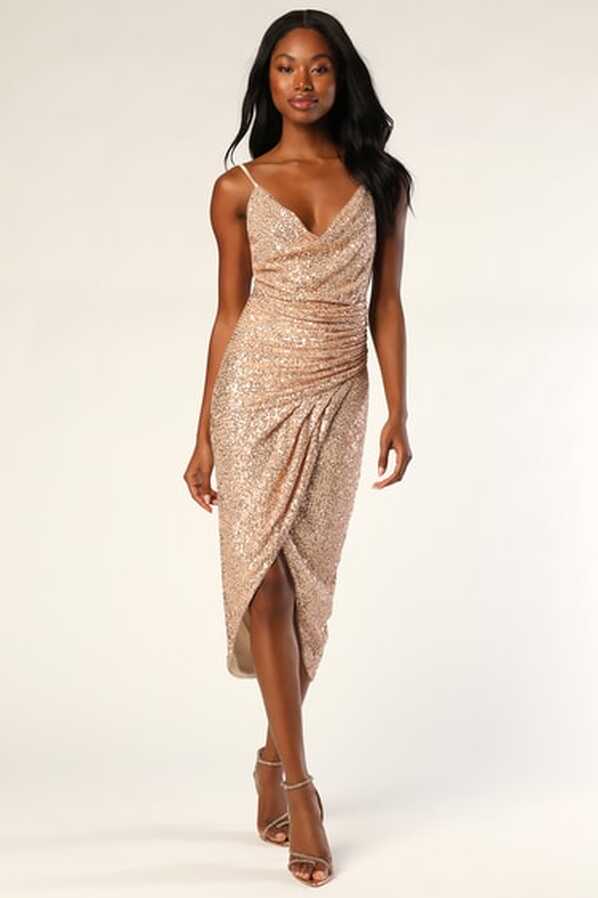 Rose Gold Sequin Dress - Cowl Neck Dress - Midi Tulip Dress - Lulus