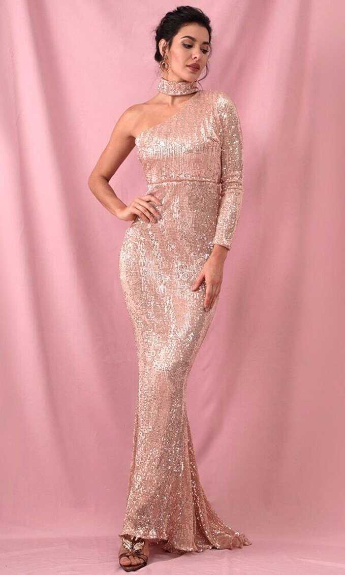 Rose Gold Sequin Long Sleeve One Shoulder Mock Neck Mermaid Maxi ...