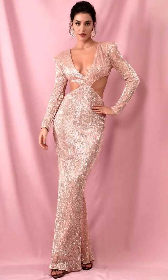 Rose Gold Sequin Long Sleeve Plunge V Neck Cut Out Side Open Back ...