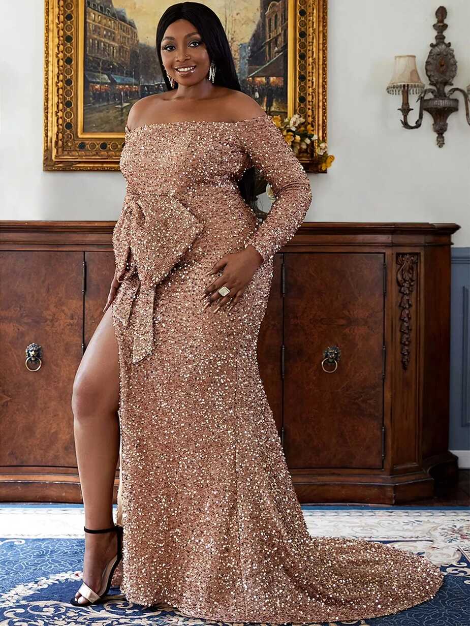 Rose Gold Sequin Plus Size Evening Dress With Off Shoulder Long ...