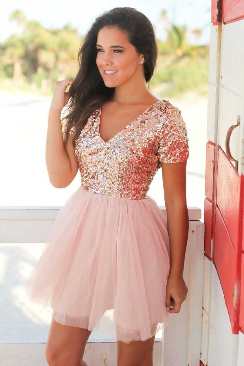 Rose Gold Sequin Top Short Dress