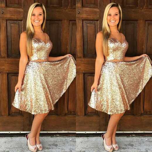 Rose Gold Sequin V Neck Shimmer Prom Dress Sexy Two Piece Formal ...