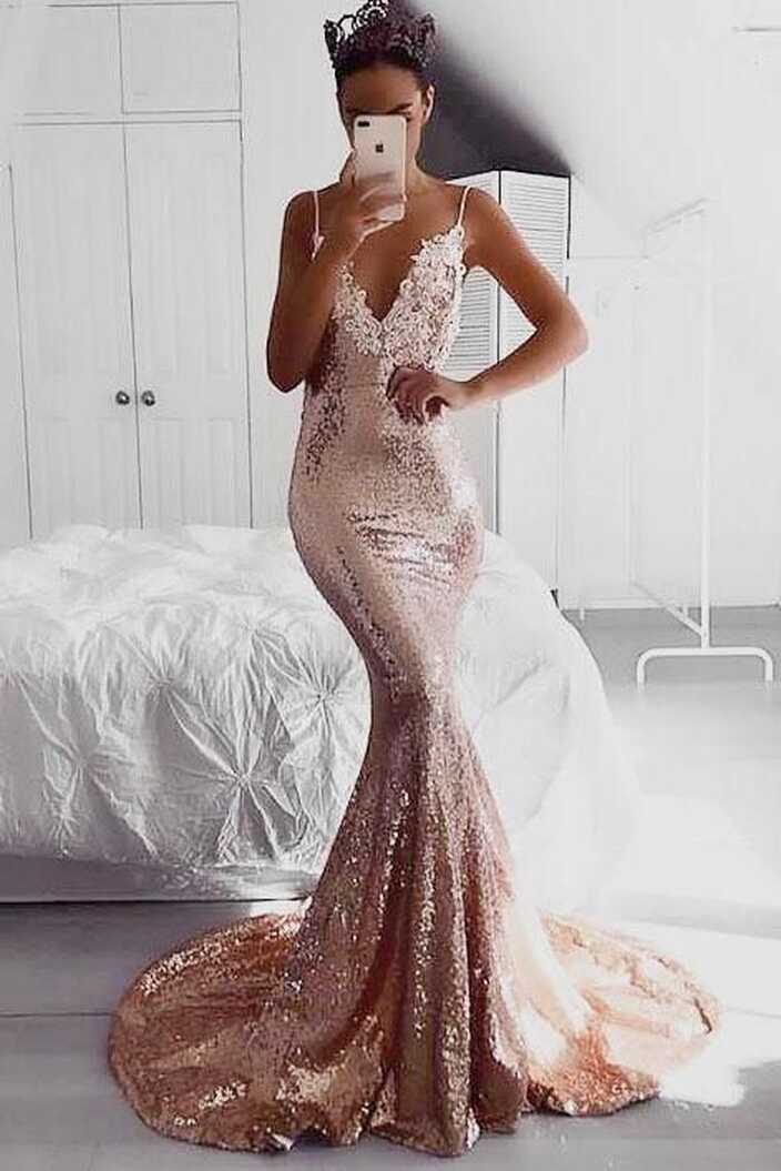 Rose Gold Sequins Mermaid Evening Dress | Cheap prom dresses long ...