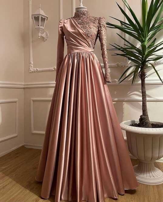 Rose Gold Silver Prom Dress Long Sleeves Dubai Evening Dresses ...