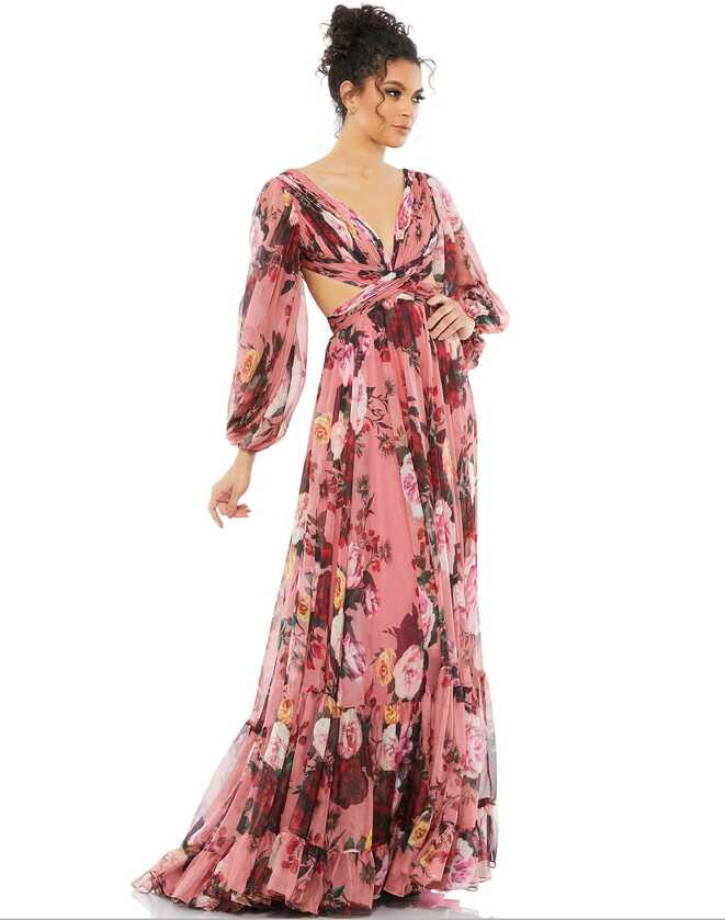 Rose Multi Mac Duggal 67946 Long Sleeve Floral Chiffon Dress for ...