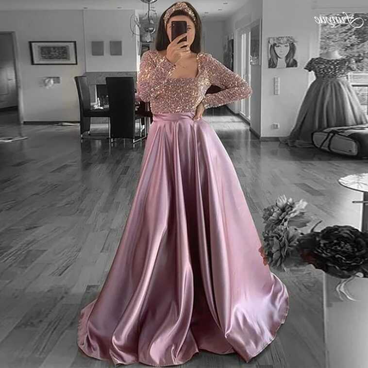 Rose Pink A-Line Long Sleeve Evening Gowns 2023 New Sequined Top ...