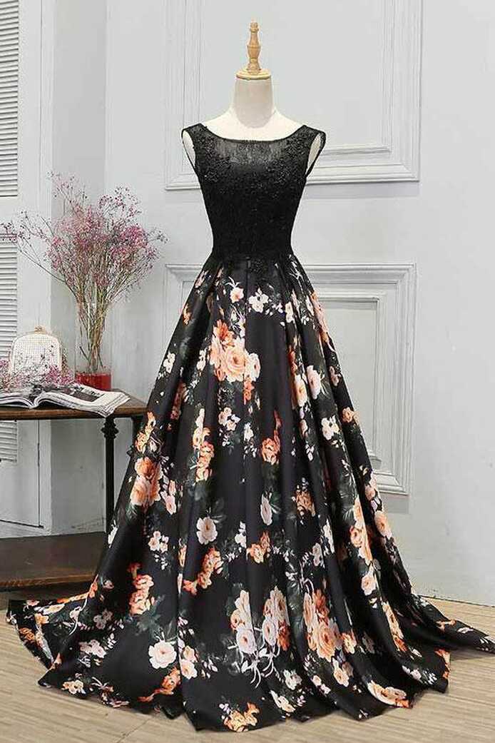 Round Neck Black Floral Lace Long Prom Dresses, Black Lace Floral ...