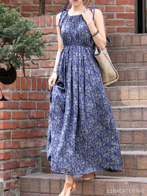 Round Neck Elastic Waist Printed Maxi Dress Only $14.95