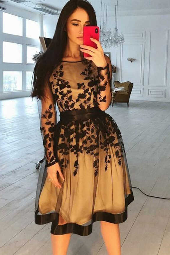 Round Neck Long Sleeves Black Lace Short Prom Homecoming Dresses ...