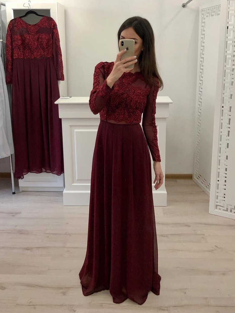 Round Neck Long Sleeves Burgundy Lace Prom Dresses, Long Sleeves ...