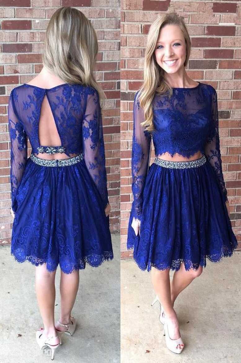 Royal Blue A-line Long Sleeve Short Prom Dresses, Backless ...