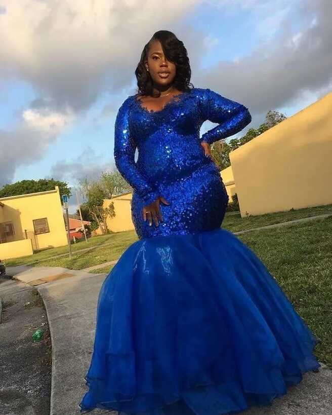 Royal Blue African Black Mermaid Blue Sparkly Prom Dress With ...