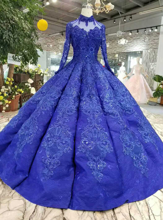 Royal Blue Appliques High Neck Long Sleeve Luxury Wedding Dress