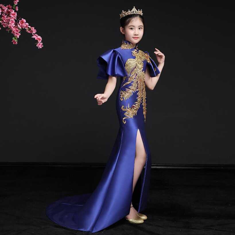 Royal Blue Baby Princess Evening Gown Embroidery Long Cheongsam ...