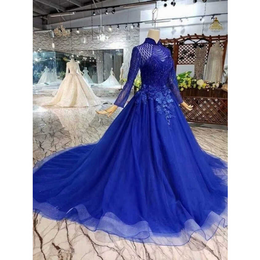 Royal Blue Ball Gown Square Long Sleeve Appliques Wedding Dress ...