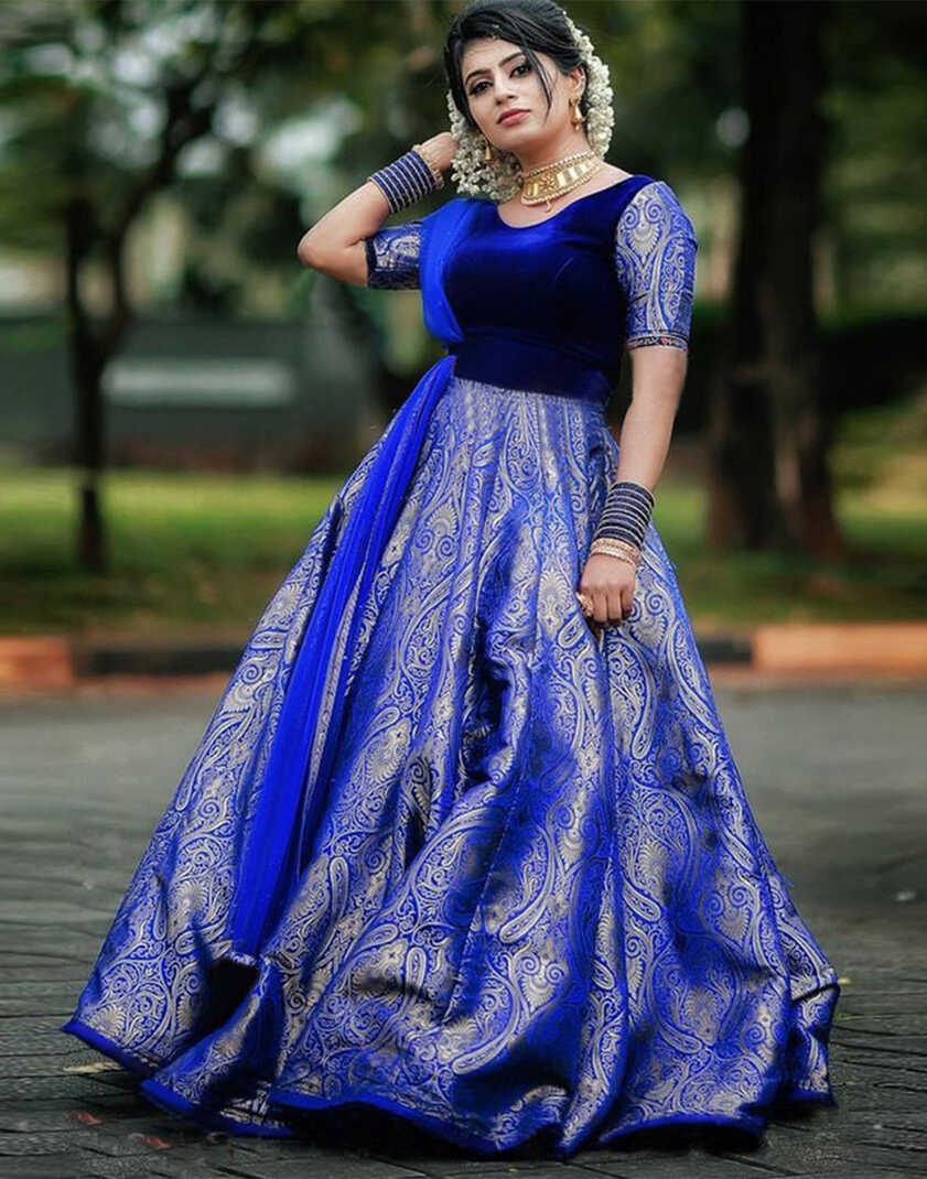 Royal Blue Colored Party Wear Velvet and Jacquard Silk Long