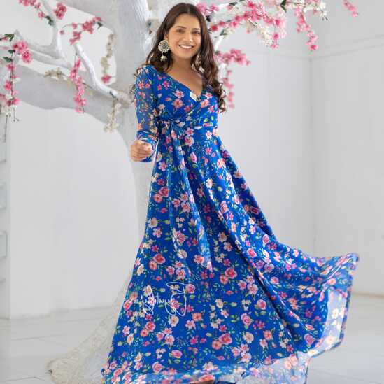 Royal Blue Colour Flower Print Georgette Angharkha Gown – Byutify.in