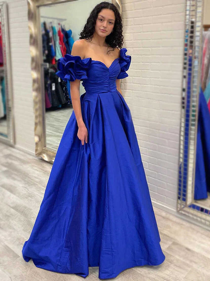 Royal Blue Elegant Off-shoulder Ruffle Sleeves A-line Long Prom ...