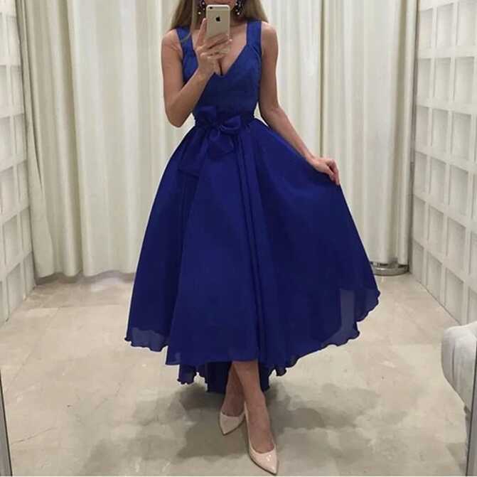 Royal Blue Evening Gown Short Front Long Back V-neck Wide Straps ...