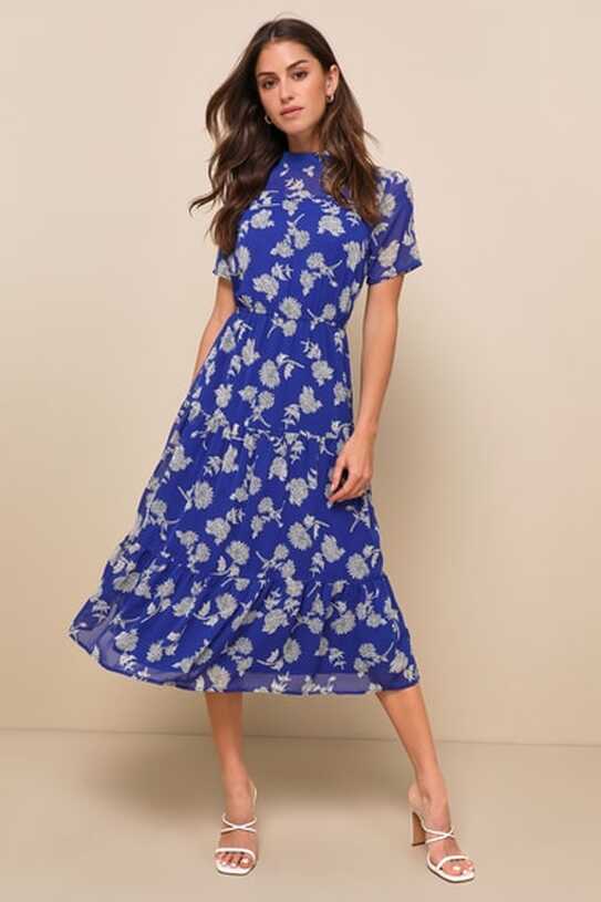 Royal Blue Floral Print Dress - Midi Dress - Short Sleeve Dress ...