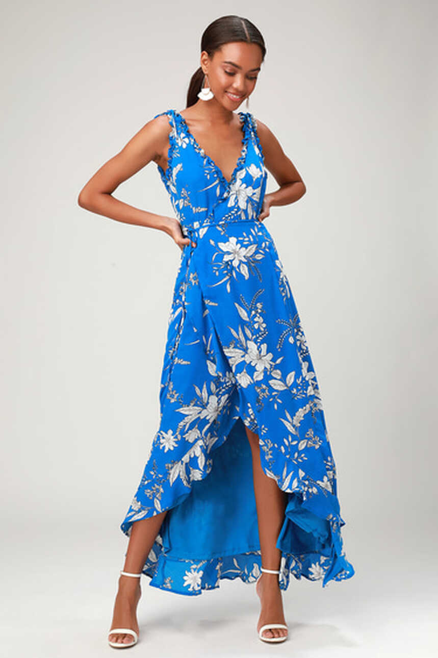 Royal Blue Floral Print Dress - Ruffled Maxi - Wrap Dress - Lulus