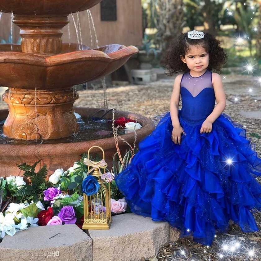 Royal Blue Flower Girl Dresses Sheer Neck Tiers Wedding Ball Gown ...