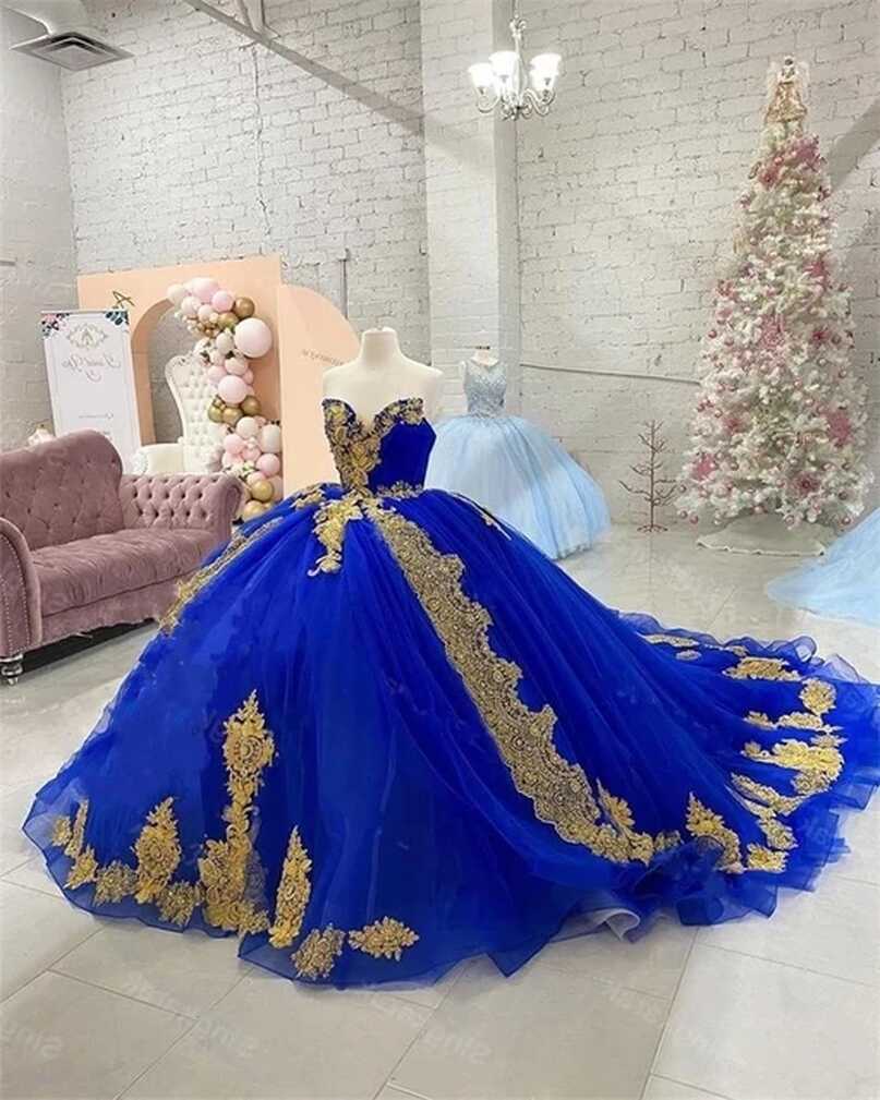 Royal Blue Gold Lace Vestidos De Novia Quinceanera Dresses ...