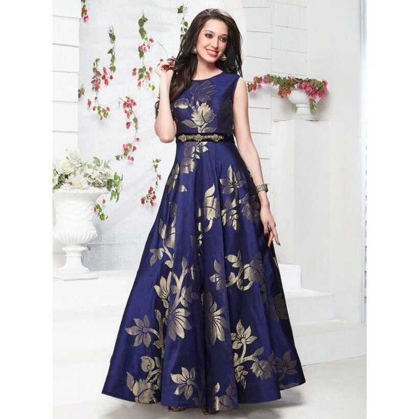 Royal Blue Jequard Silk Designer gown with Handwork