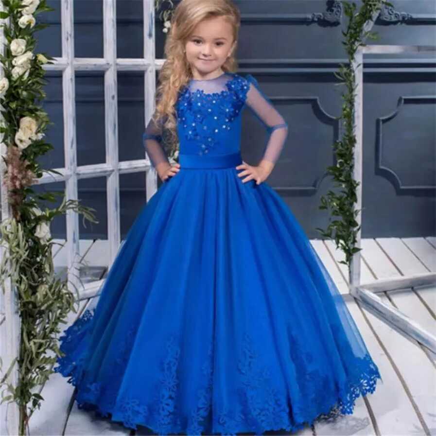 Royal Blue Lace Applique Flower Girl Custom Evening Gown For First ...