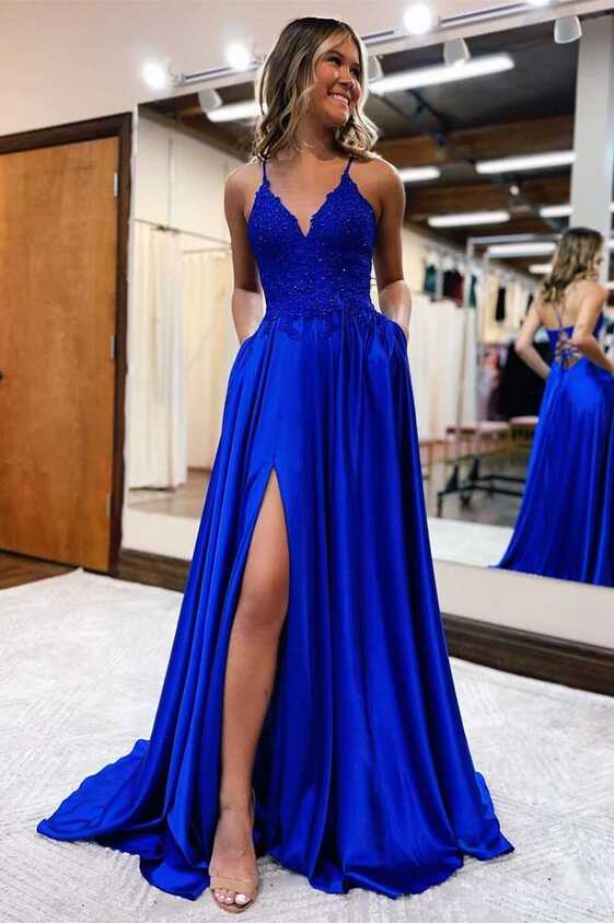 Royal Blue Lace Lace-Up Long Prom Dress – Modsele