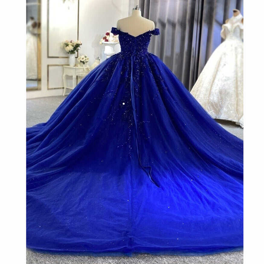 Royal Blue Lace Wedding Dresses Off The Shoulder Appliques Sequins ...