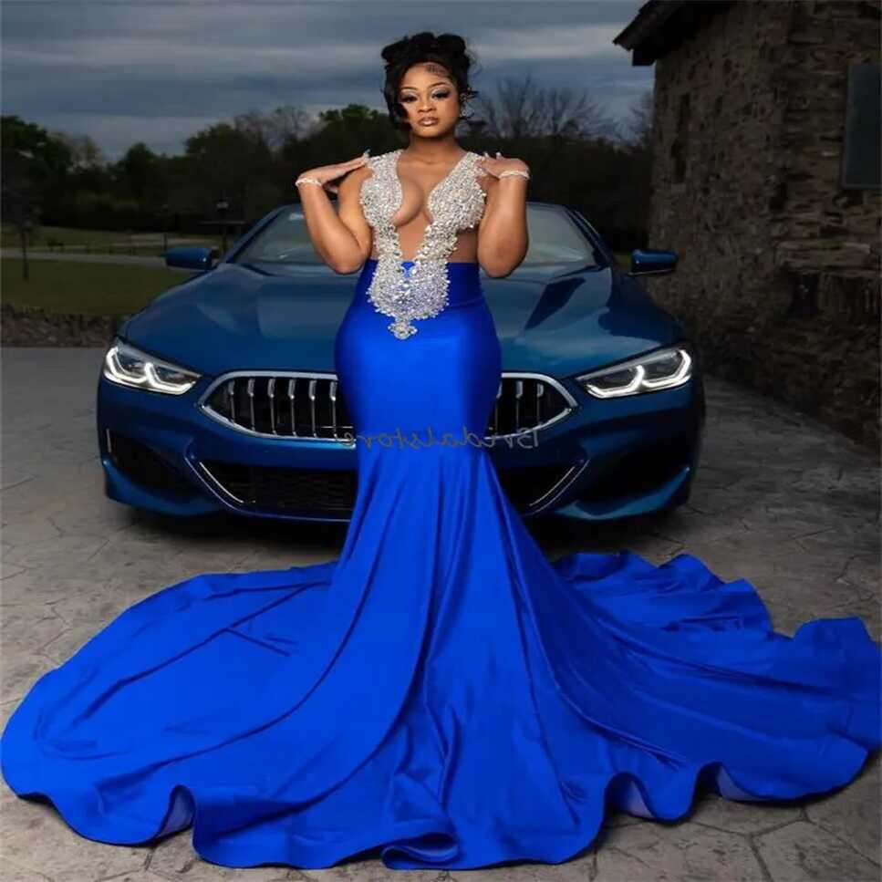 Royal Blue Mermaid Satin Blue Mermaid Prom Dress With Crystal ...