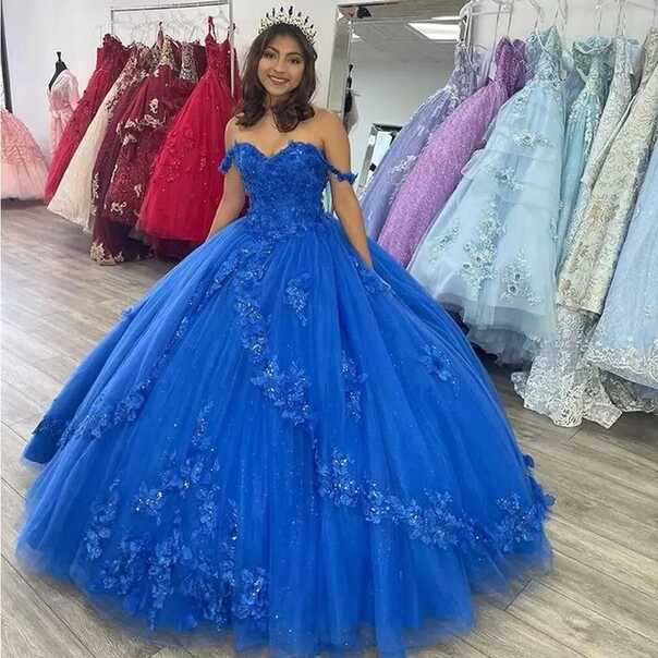 Royal Blue Off-Shoulder Ball Gown With Flowers Tulle Quinceanera ...