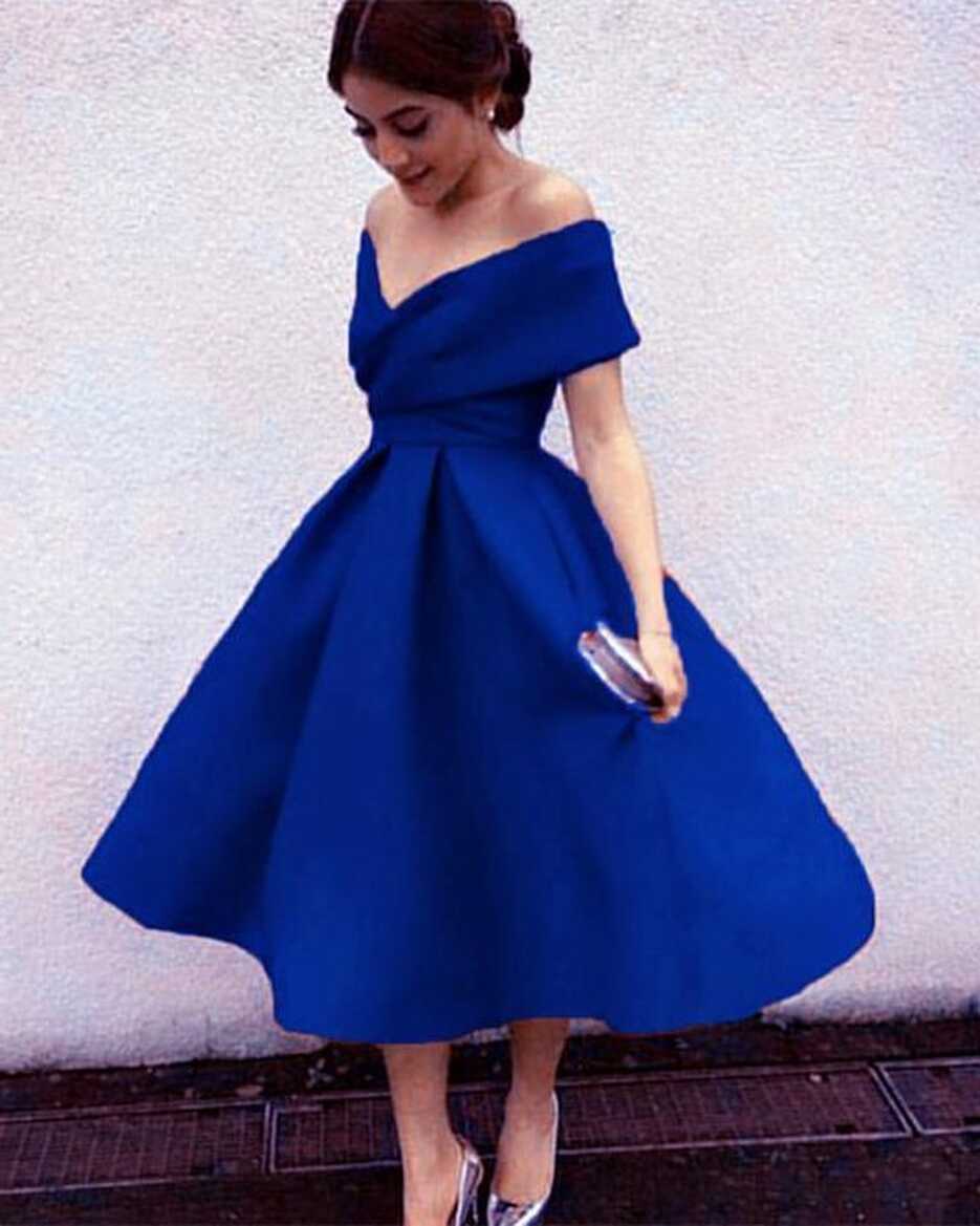 Royal Blue Off Shoulder Tea Length Bridesmaid Dresses, Charming ...