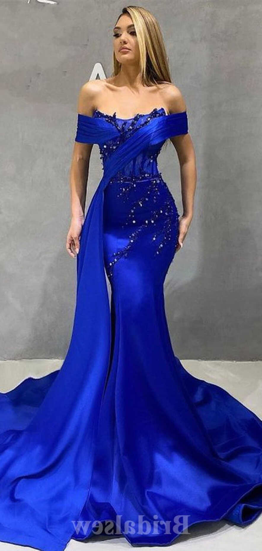 Royal Blue Off the Shoulder Stylish Unique Mermaid Long Party ...