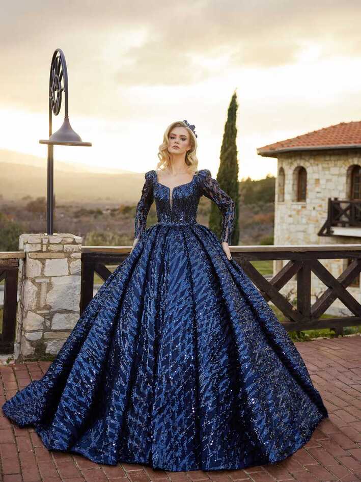 Royal Blue Princess Long Sleeve Heavily Sequin Long Tail Ball Gown ...