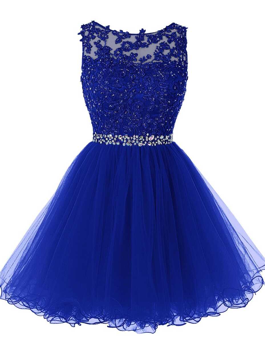 Royal Blue Prom Dress, Short Beaded Prom Dress, Tulle Applique ...