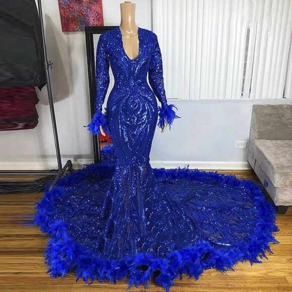 Royal Blue Prom Dresses, Deep V Neck Prom Dresses, Long Sleeve ...