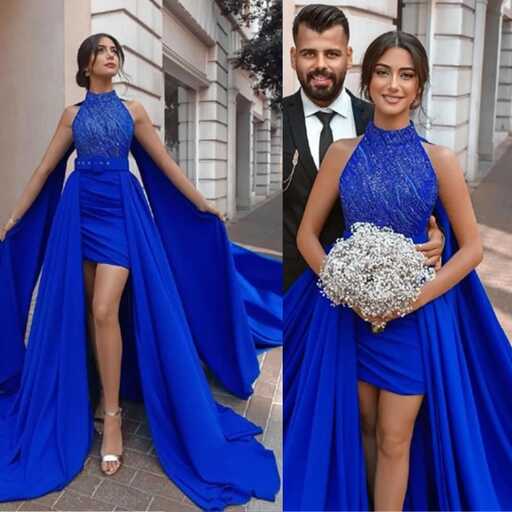 Royal Blue Satin Halter High Low Dress With Sexy Details 2021 Prom ...