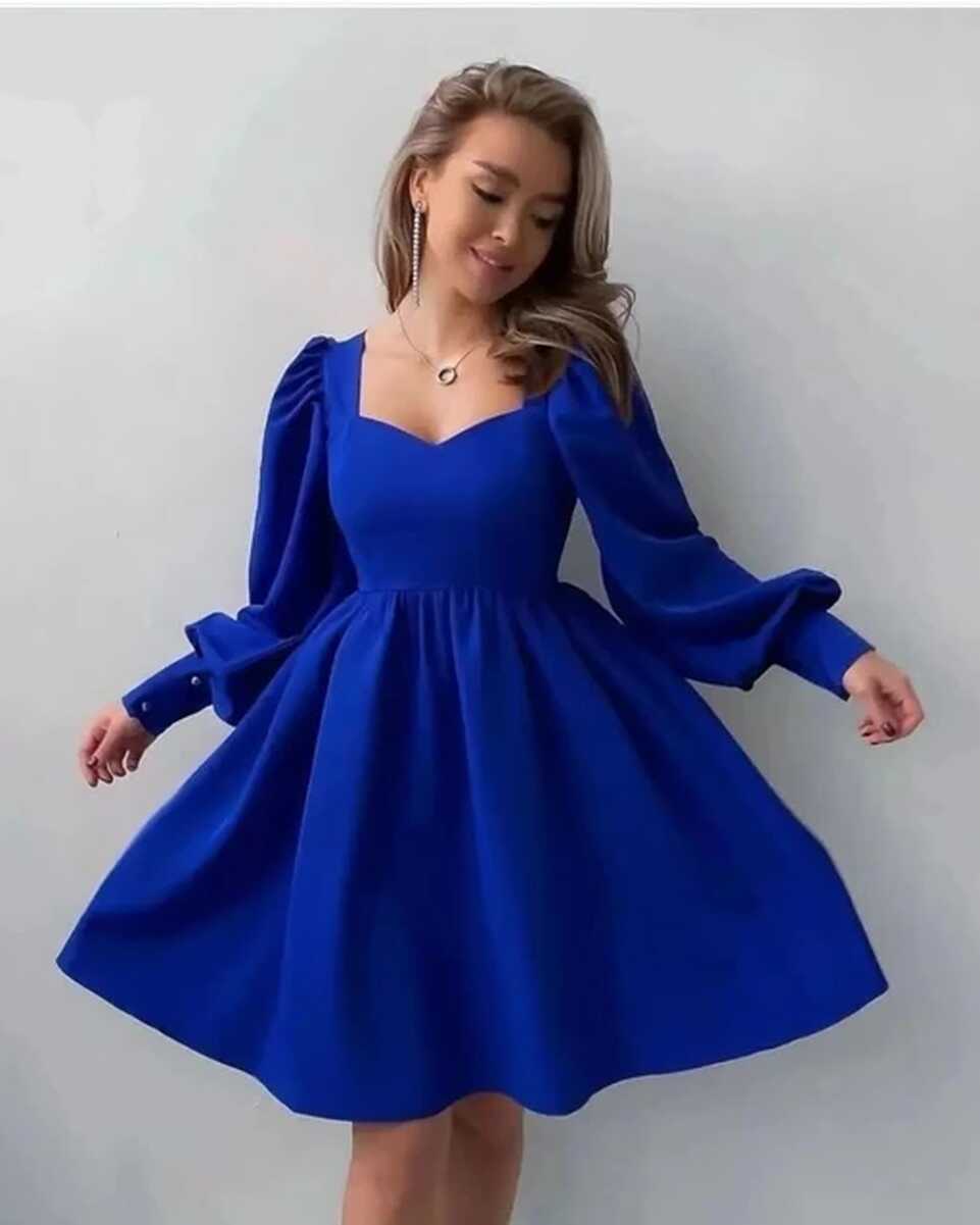 Royal Blue Satin Homecoming Dresses Square Neck Long Sleeves ...