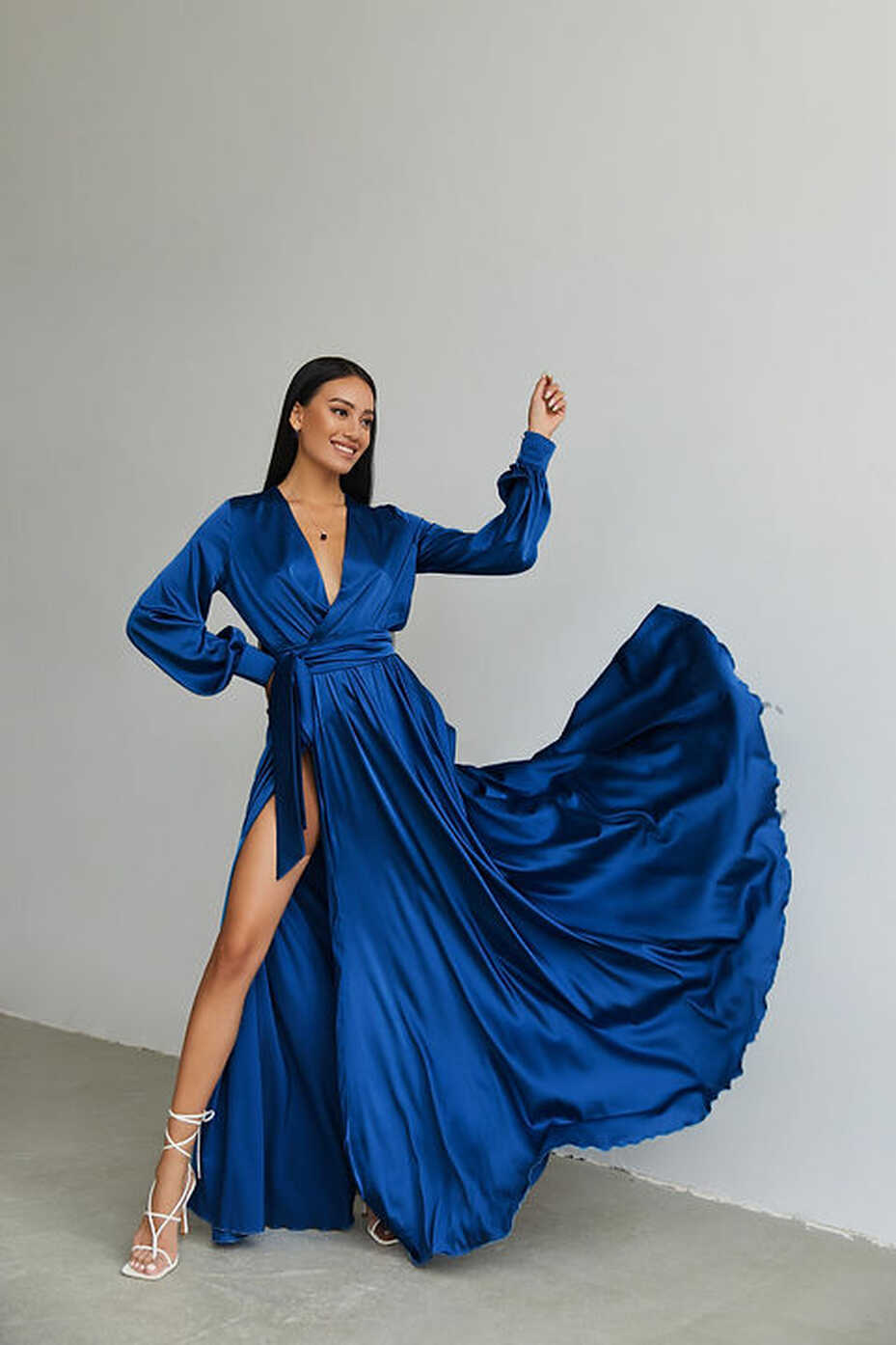 Royal Blue Satin Long Sleeve Maxi Wrap Dress | Mayleen