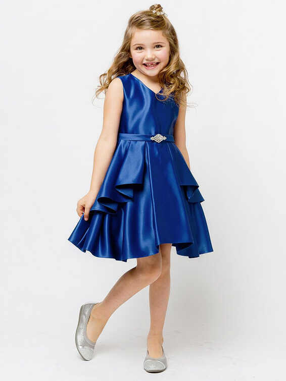 Royal Blue Satin Sleeveless V-Neck Dress w/ Ruffles - Pink Princess